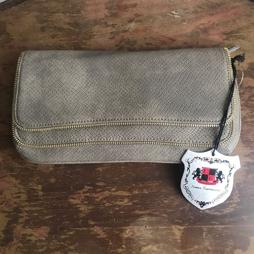 NWT Vegan clutch, gold zipper detail, PETA